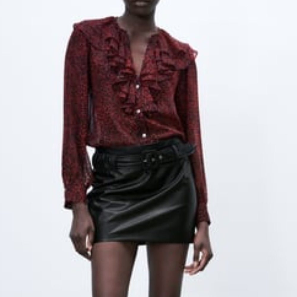 NWT Ruffled Animal Print Red Blouse. - Picture 1 of 6